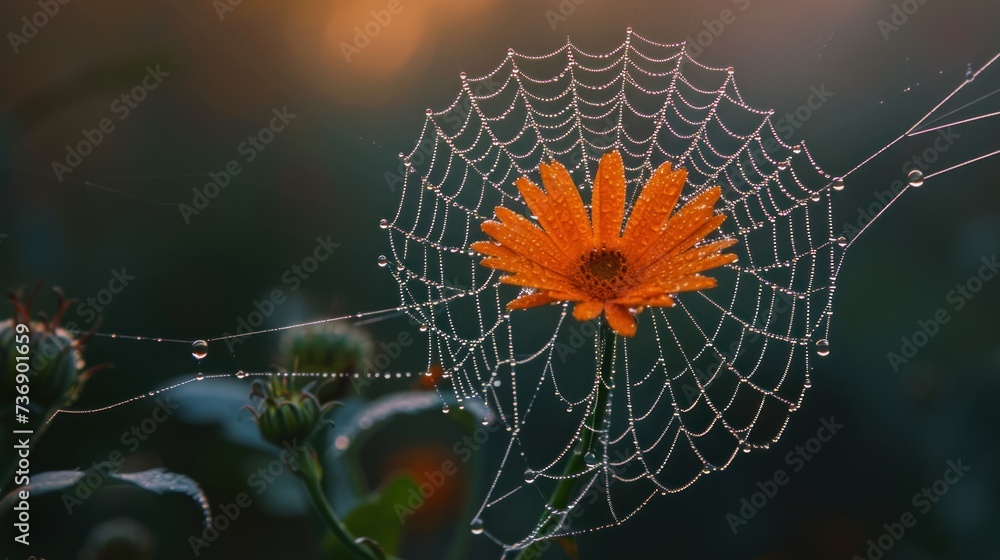 Wall mural a close up of a spider's web with a flower in the middle of the spider's web.