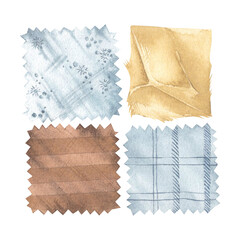 Square pieces of fabric. Palette of fabrics for sewing. Patchwork. Creating a collection. Watercolor illustration isolated background