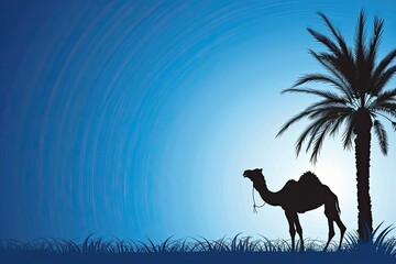 Silhouette camel with palm tree, illustration of Islamic blue background