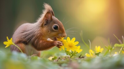 Fototapeta premium a close up of a squirrel with a flower in its mouth and a blurry background of grass and flowers.