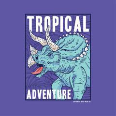tee print design with wild dinosaur drawing and tropical pattern
