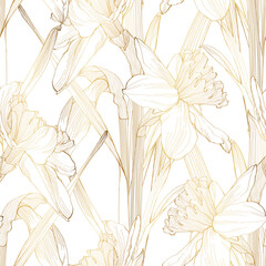 Floral seamless pattern, golden line daffodil flowers. Elegant floral hand drawn outline design for textile, fabric, package, wallpaper, poster.