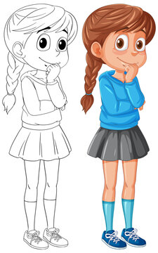 Two versions of a girl, one colored, one sketched.