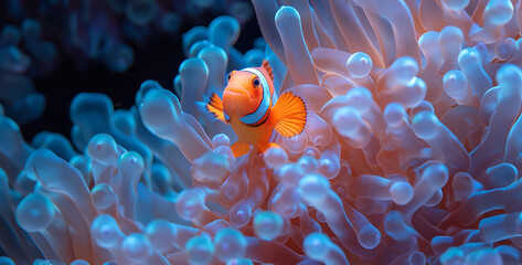 Clown anemonefish in a sea anemone.Clown anemonefish and anemone. - obrazy, fototapety, plakaty