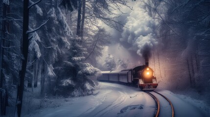 a train traveling through a snowy forest with a bright light at the end of the train's smoke stack.