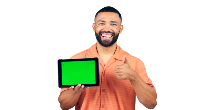 Happy man, portrait and thumbs up with tablet, green screen or success on a transparent PNG background. Isolated male person with smile, like emoji or yes sign for technology or chromakey display