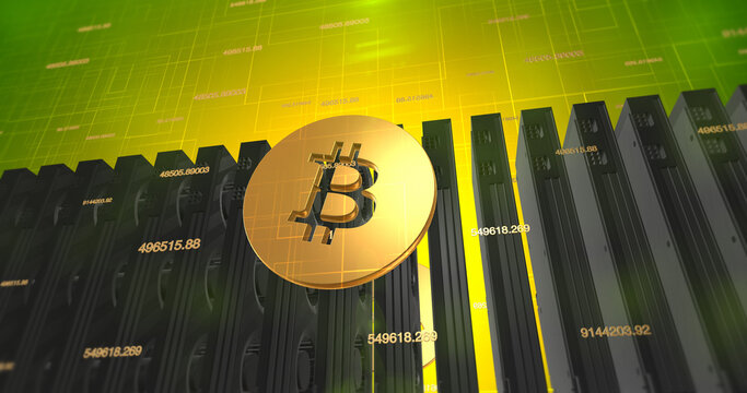 Bitcoin Digital Crypto Currency Mining With Graphic Cards - 3D Illustration Render.