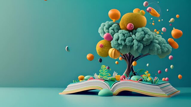 World book day. Fantasy and literature concept. 3D style Illustration of magical book with fantasy stories inside it.