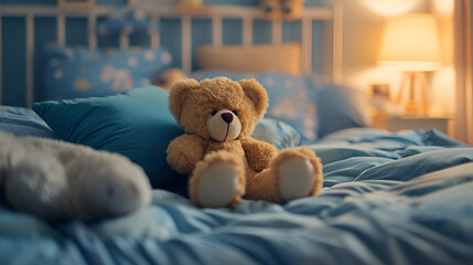 teddy bear sitting on a crib in a children's room, cozy children's room, sunlight, generative ai