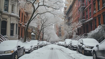 a snowy street with cars parked on the side and a fire hydrant on the other side of the street.