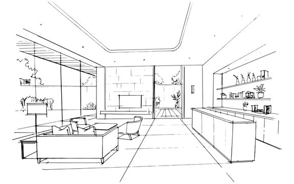 Interior design sketch of a modern home living room. , Graphic assembly in architecture and interior design work. ,Sketch ideas for interior or exterior designs.