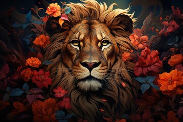 stylist and royal Close-up portrait of Lion king in tropical flowers and leaves. Picturesque...