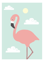  Web banner with pink flamingo and clouds. Can be used as a poster or interior painting. - 736902881