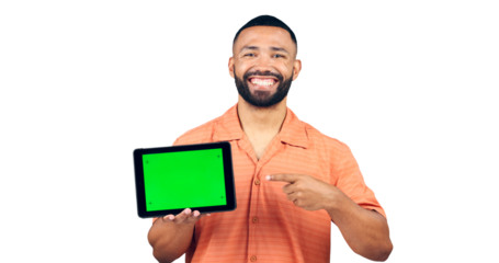 Happy man, portrait and pointing to tablet with green screen or mockup on a transparent PNG background. Isolated male person with smile, technology or chromakey display for advertising or marketing