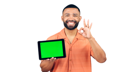 Happy man, portrait and ok sign with tablet, green screen or success on transparent PNG background. Isolated young male person showing technology or chromakey display with like emoji or okay gesture
