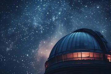 High-quality stock image of a space observatory under the starlit sky, dome open, telescope peering into the cosmos, symbol of human curiosity. - obrazy, fototapety, plakaty