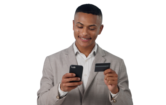 Phone, smile or businessman with credit card for startup loan or payment on isolated, transparent or png background. Smartphone, online shopping or entrepreneur for sign up app, budget or investment - Powered by Adobe