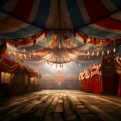 Illustration of an old circus tent with a lot of red curtains - obrazy, fototapety, plakaty