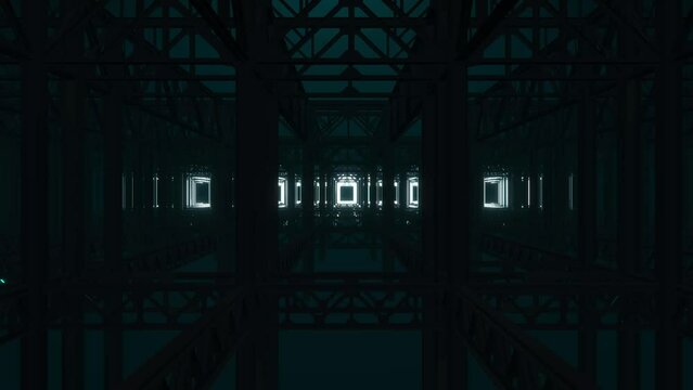 Bright Lights Futuristic Corridor With In The Open  Background. Dark futuristic scifi tunnel corridor 3d rendering background wallpaper, modern future sci-fi space tunnel 3d animation