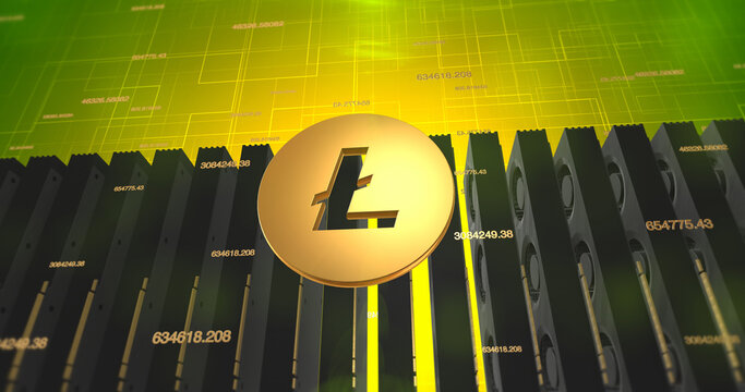 Litecoin Digital Crypto Currency Mining With Graphic Cards - 3D Illustration Render.