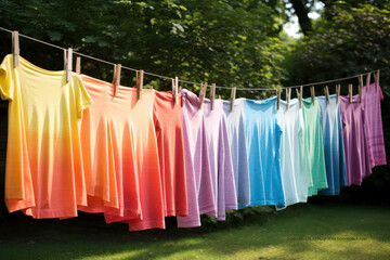 Colorful laundry line with shirts against lush greenery, highlighting eco-living, AI Generative.