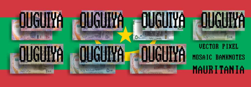 Vector set of pixel mosaic banknotes of Mauritania. Collection of notes in denominations of 20, 50, 100, 200, 500 and 1000 ouguiya. Obverse and reverse. Play money or flyers.