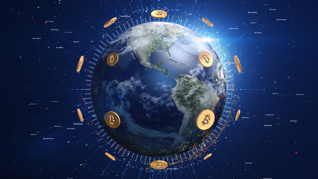 Bitcoin Digital Crypto Currency Rotating Around Earth - 3D Illustration Render.