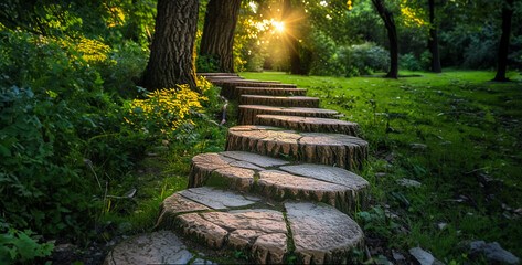 Stone walkway in the park at sunset. Landscape photography.