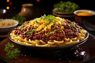 stylist and royal Delicious Cincinnati chili with spaghetti, cheddar cheese, fresh onions and beans close-up