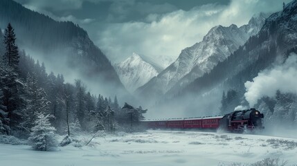 a red train traveling through a snow covered forest next to a tall mountain covered in fog and snow covered trees.