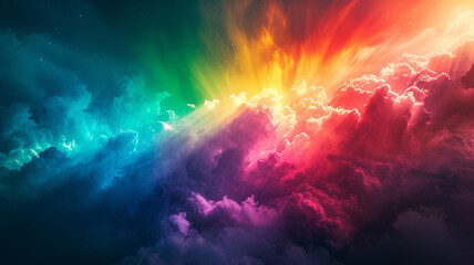 Dramatic clouds part to reveal a rainbow's vibrant splendor. AI Generative. - obrazy, fototapety, plakaty