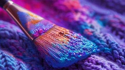 Fototapeta premium A paintbrush on knit canvas, awash with a spectrum of changing colors, AI Generative.