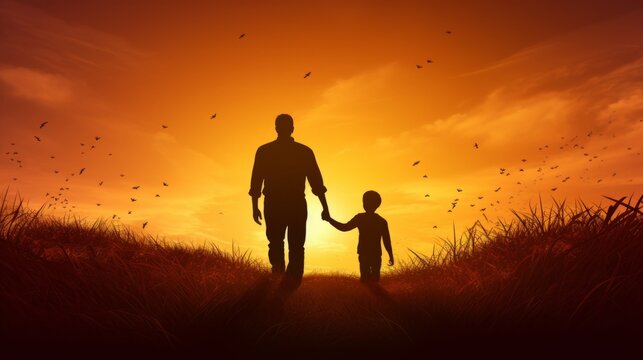 Father and son silhouettes holding hands on meadow at autumn sunset