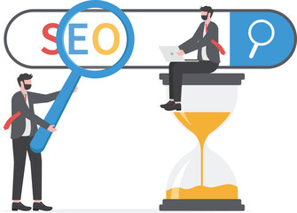 Business people using magnifying glass searching Seo analysis on the search bar,seo strategies and marketing concept vector illustrator.

