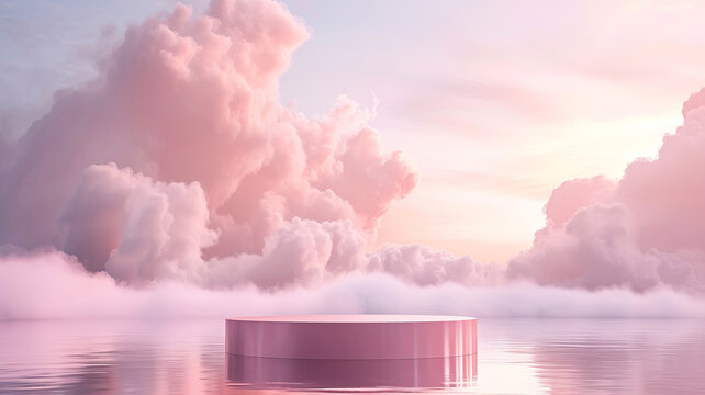 Dreamy pink podium with cloud backdrop, serene and surreal display stand for showcasing products - AI Generative.