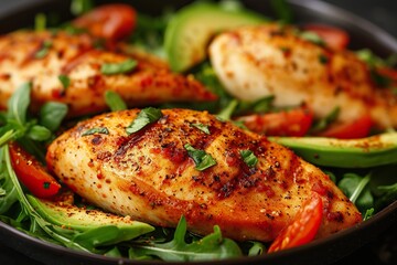 Healthy food diet, Grilled chicken meat and fresh vegetable salad of tomato and avocado