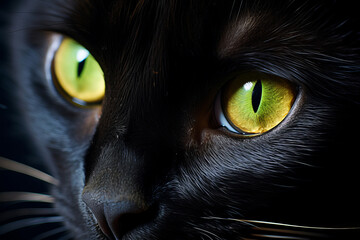 Close-up of a black cat's captivating green eyes, reflecting mystery and feline grace, ending with AI Generative.