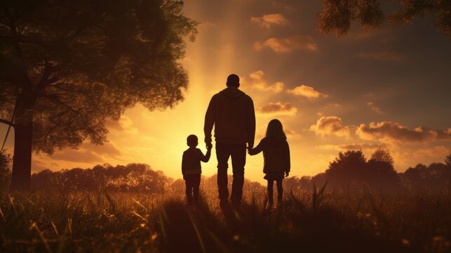 Father and children silhouetted, hand in hand, strolling in park – embracing fatherhood and childhood