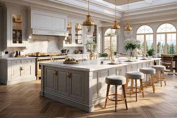 stylist and royal General view of luxury kitchen with white counter tops and cupboards, space for text, photographic - Powered by Adobe
