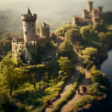 Medieval castle on the hilltop. Aerial view. Filtered image processed vintage effect.