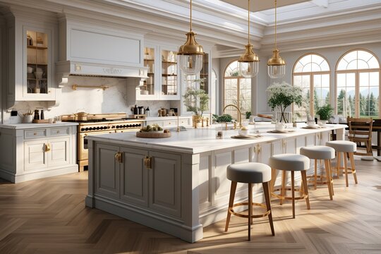 stylist and royal General view of luxury kitchen with white counter tops and cupboards, space for text, photographic