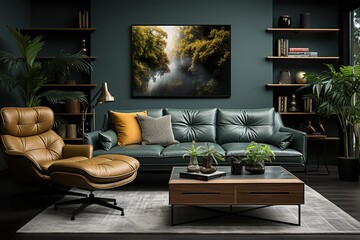 stylist and royal Green and blue living room interior design with rug, coffee tables and comfortable furniture