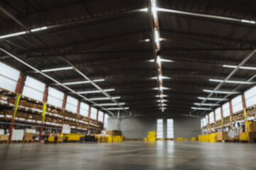 The interior of a modern warehouse with goods. The background is out of focus and shows the...