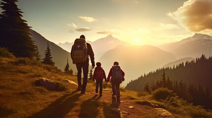 Father and two boys hiking in the washington state mountains - obrazy, fototapety, plakaty