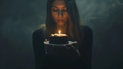 a woman holding a plate with a cake on it with a lit candle in the middle of the plate and smoke coming out of her face. - obrazy, fototapety, plakaty