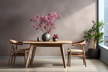 stylist and royal home interior dining room with wood chair and wood table,vase with flowers,plant, space for text