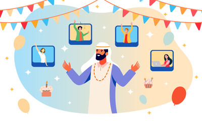 Arab man celebrating online birthday party, with friends in web browser windows celebration, vector illustration.