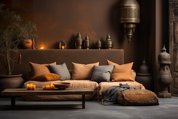 stylist and royal Home interior with ethnic boho decoration, living room in brown warm color, space for text - obrazy, fototapety, plakaty