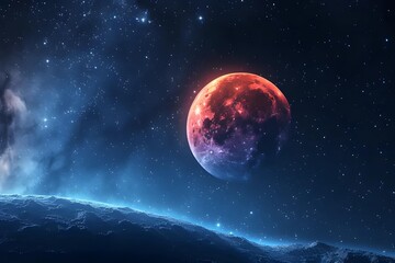 Stock photo of a lunar eclipse, Earth's shadow casting a red glow on the moon, with stars twinkling in the background, capturing celestial dynamics.