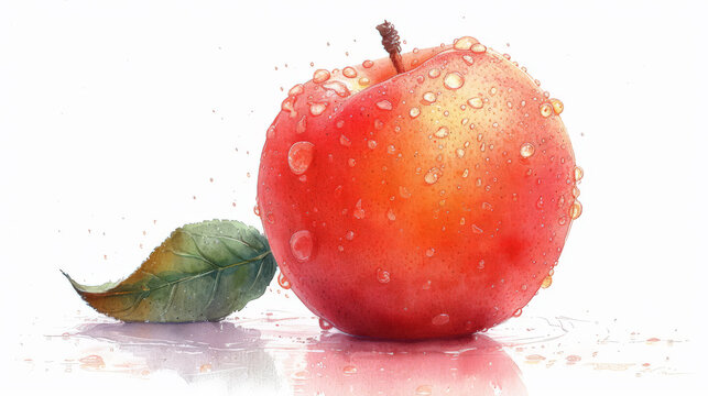 Painting of Red Apple With Leaf on White Background